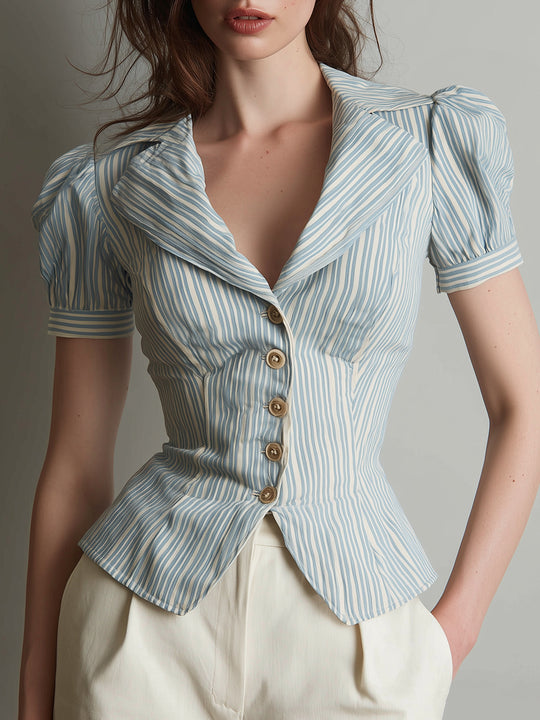 Elegant Striped Blouse With Lapel Collar And Puff Sleeves