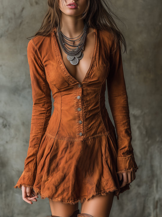 Boho Style Washed Raw Hem Slim Fit Mini Dress