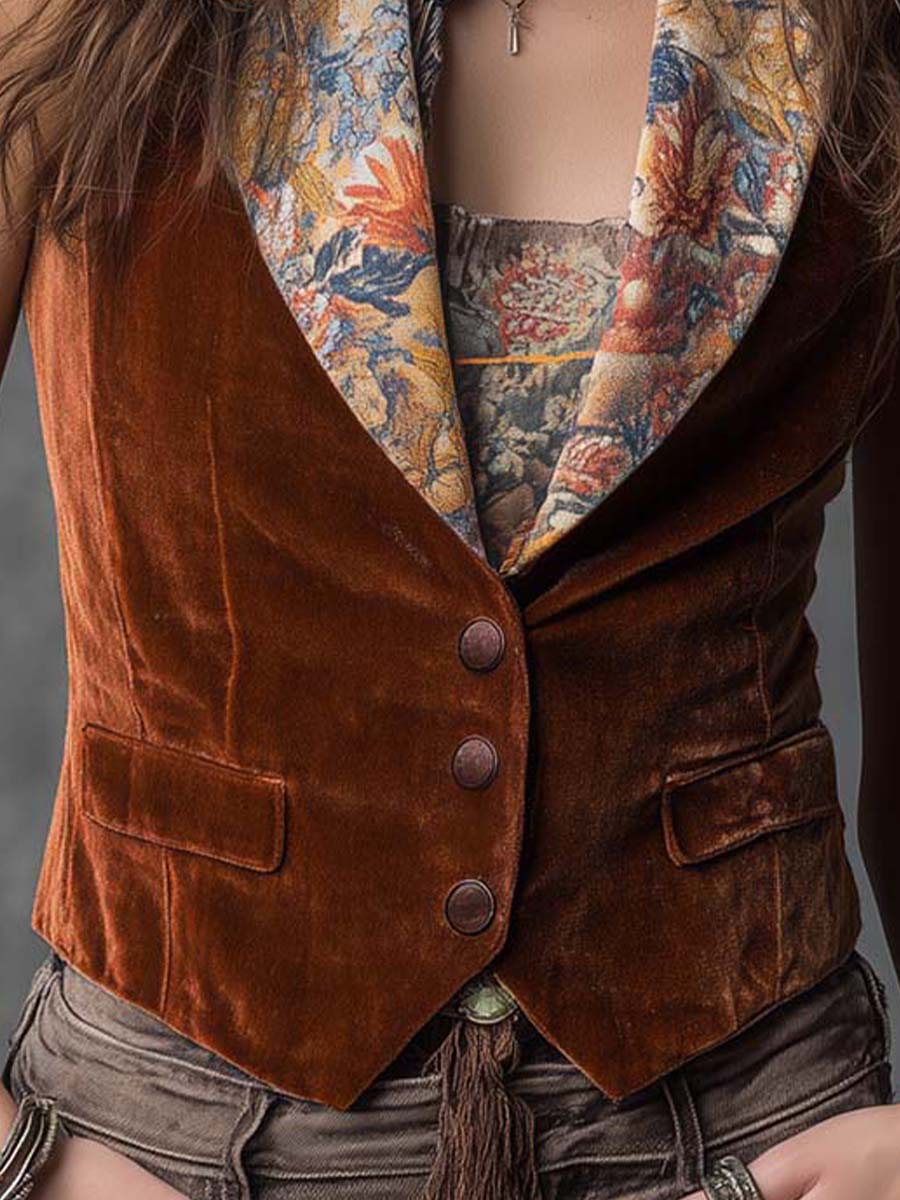 Vintage-style Printed Collar Velvet Vest
