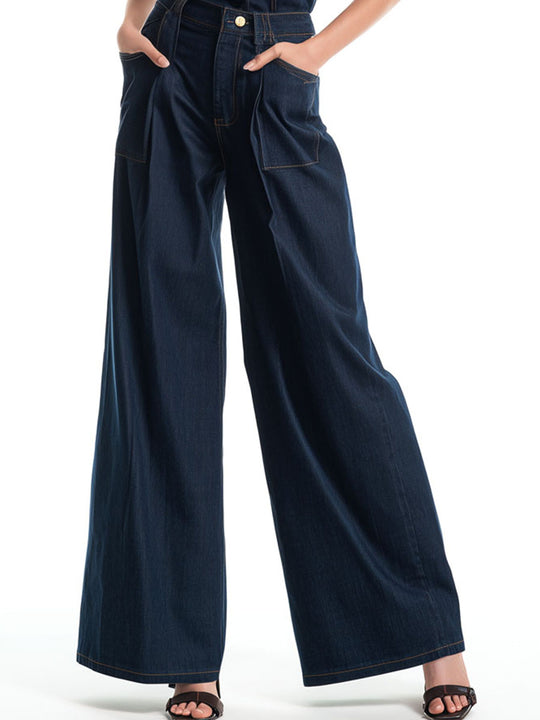 Dark Indigo Denim Two-Piece Set – Structured Sleeveless Shirt & Wide-Leg Pants