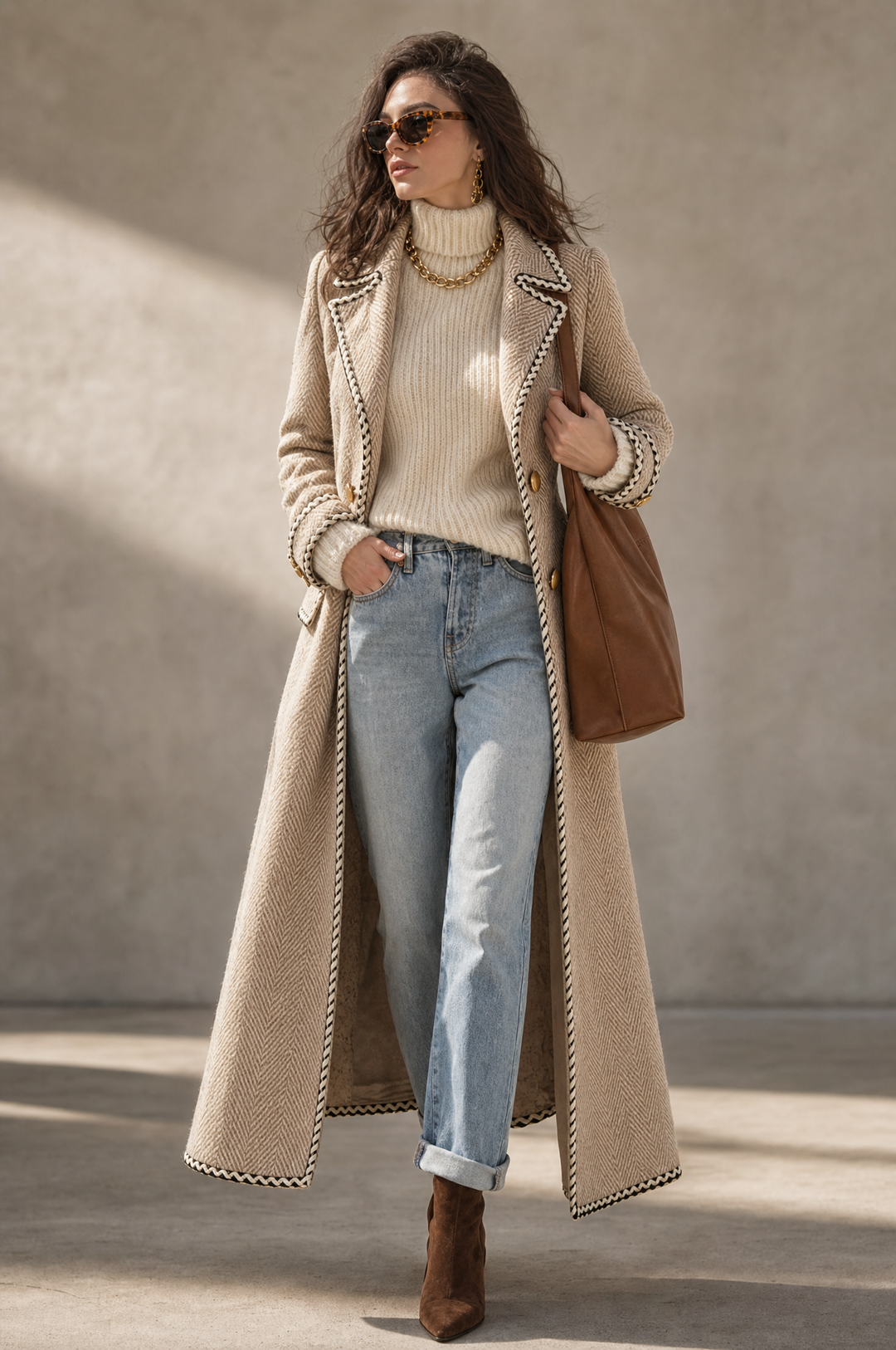 Vintage Herringbone Double-Breasted Long Wool Coat with Contrast Trim