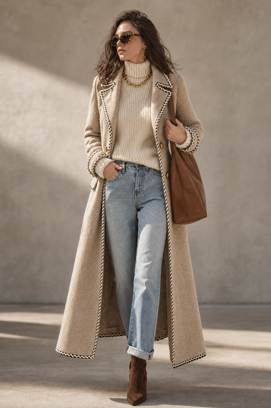 Vintage Herringbone Double-Breasted Long Wool Coat with Contrast Trim