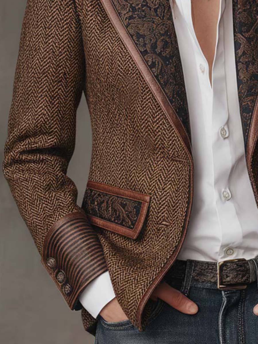 Herringbone Tweed Blazer With Printed Panels