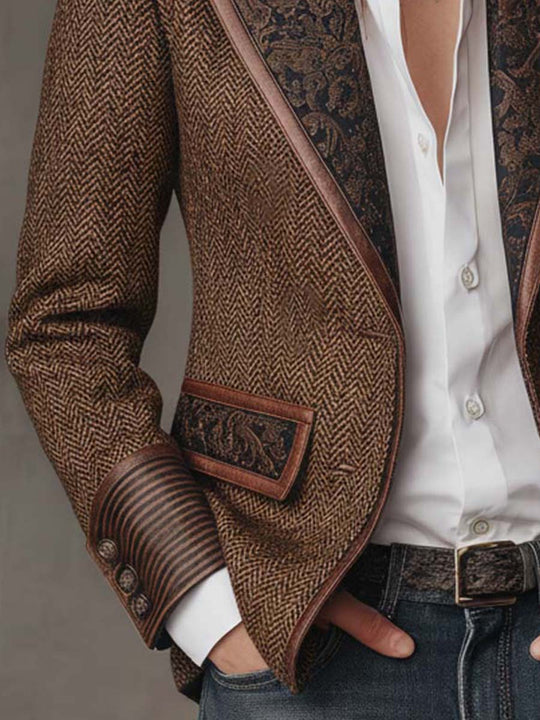 Herringbone Tweed Blazer With Printed Panels