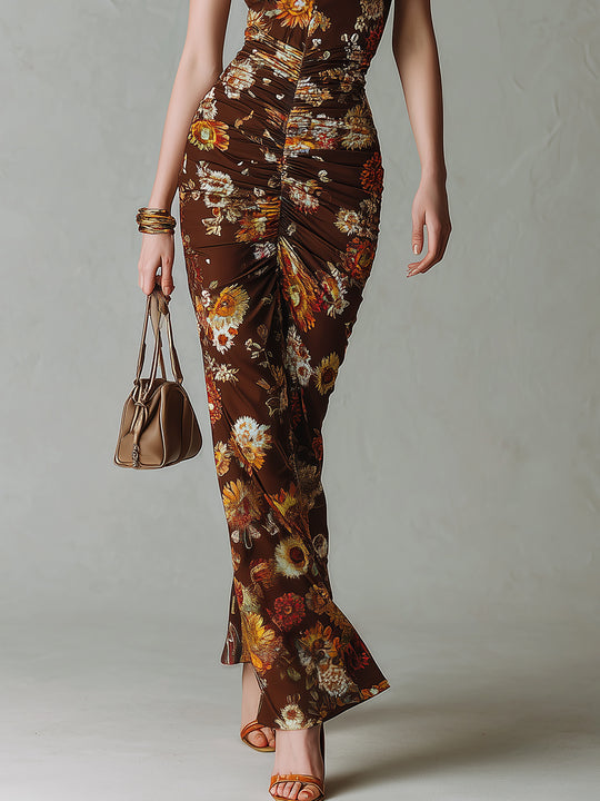 Vintage Lace Trim Pleated Halter Neck Maxi Dress