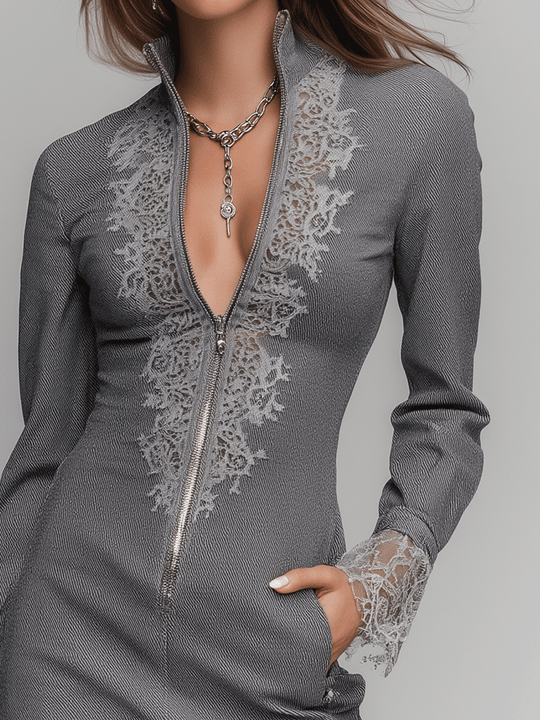 Chic Elegant Gray Lace-Trim Zip Front Mini Dress