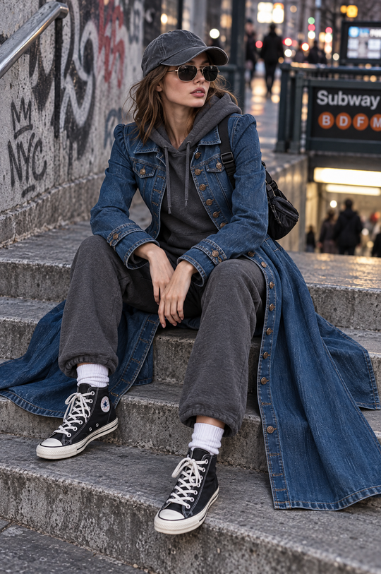 Retro Single-breasted Long Fitted Denim Trench Coat