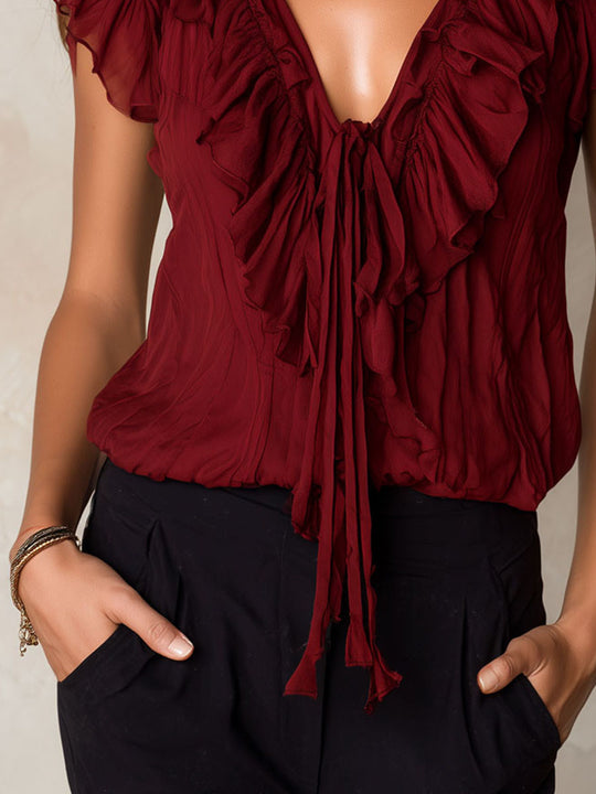 Retro Burgundy Ruffled Chiffon Flutter Sleeve Blouse