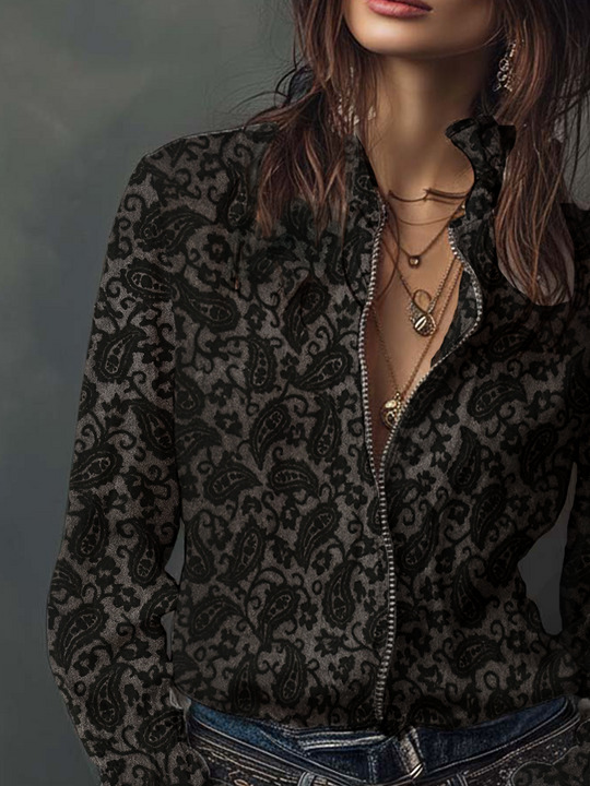 Retro Paisley Printed Zipper Decorate Blouse