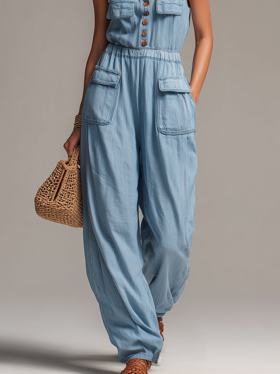 Boho Washed Denim Patch Pocket Wide Leg Jumpsuit