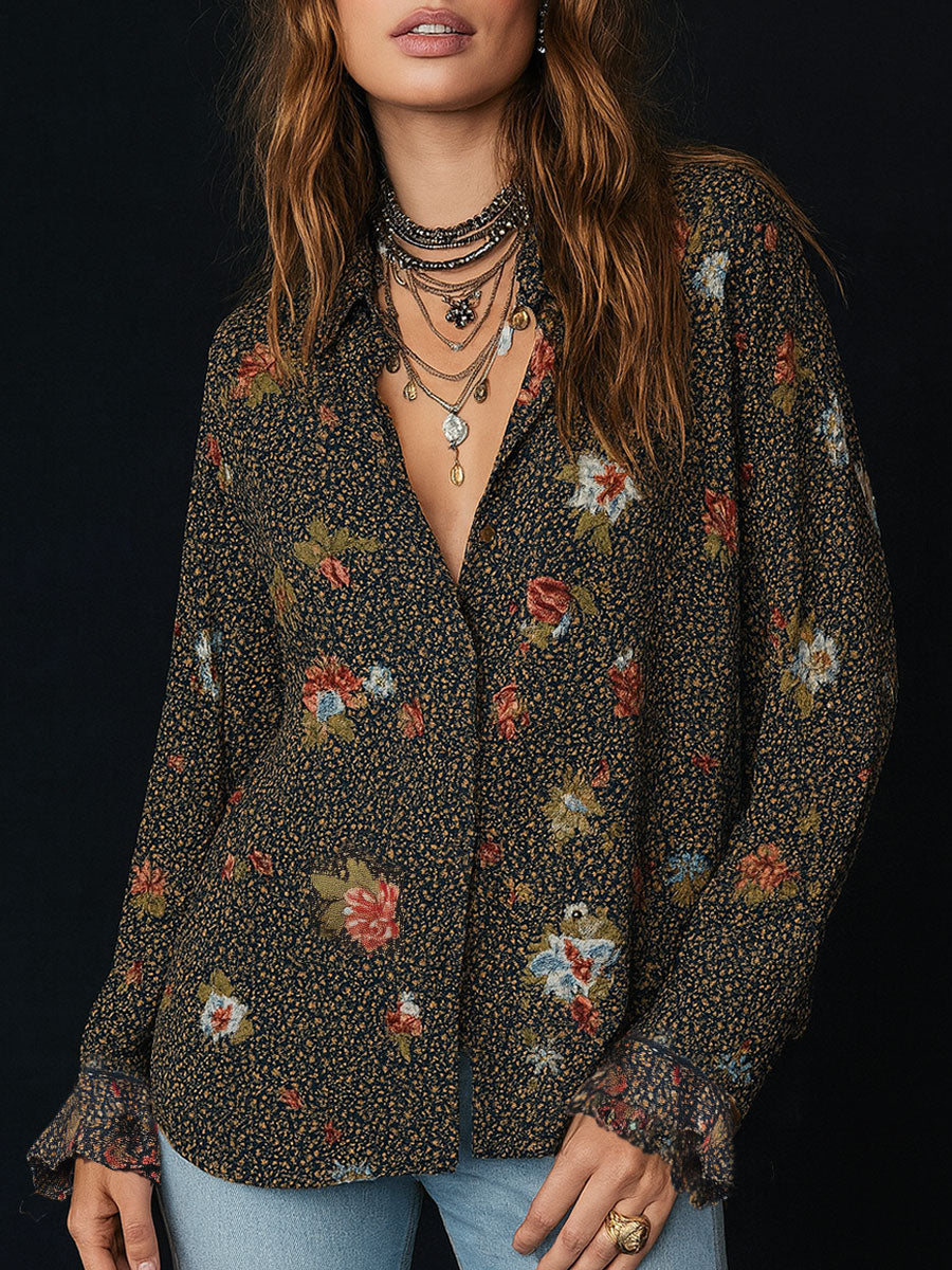Colorful Ruffled Sleeves Retro Floral Print Curved Hem Ruffled Sleeve Blouse for Women | Futario