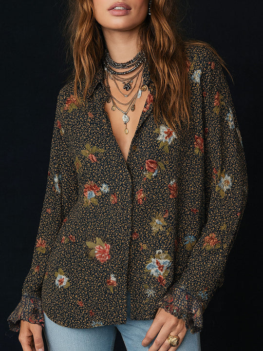 Retro Floral Print Curved Hem Ruffled Sleeves Blouse