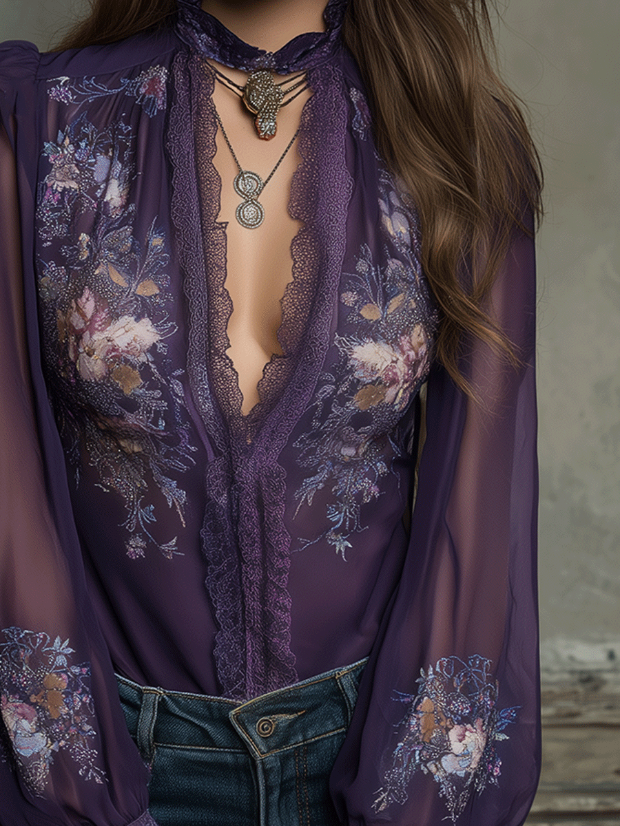 Vintage Violet Floral Lace Sheer Blouse