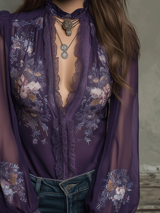 Vintage Violet Floral Lace Sheer Blouse