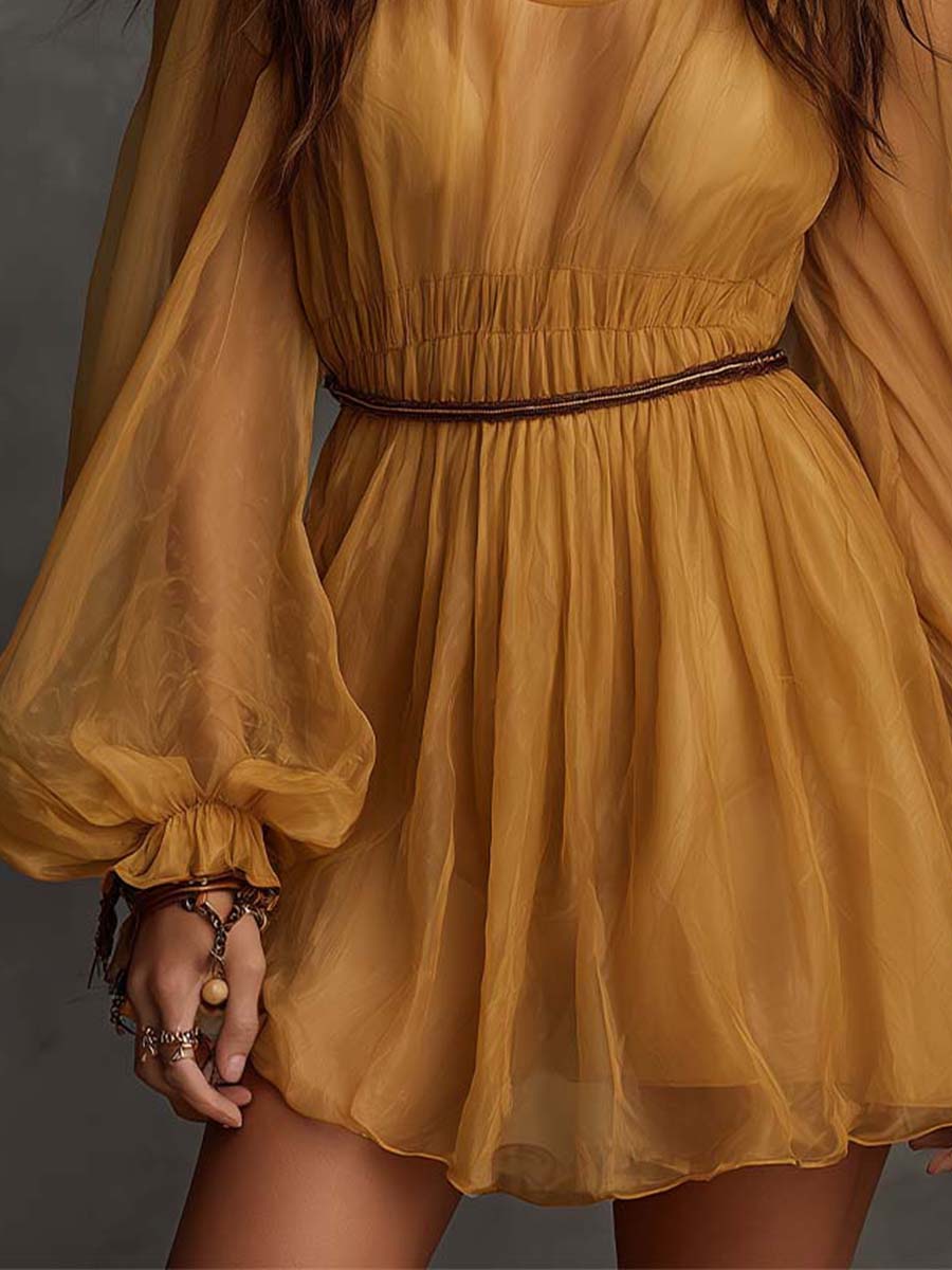 Sheer Chiffon Cutout Balloon-Sleeve Mini Dress