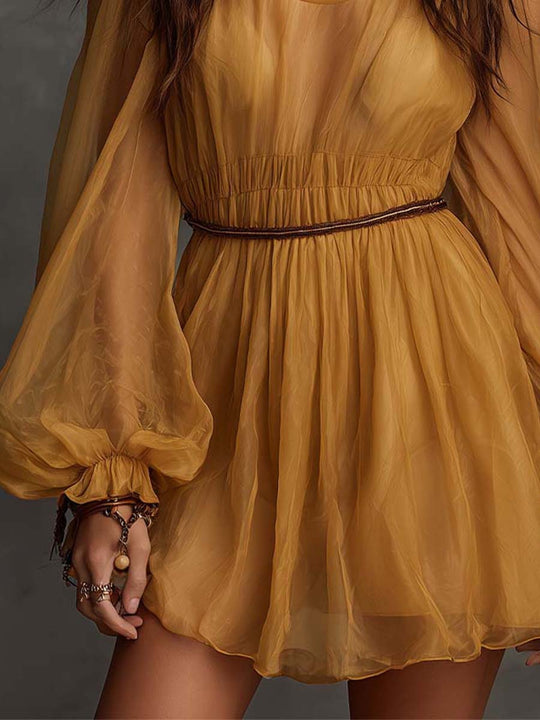 Sheer Chiffon Cutout Balloon-Sleeve Mini Dress