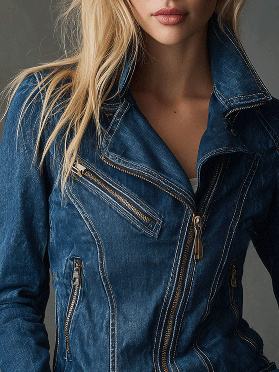 Vintage Utility Chic Asymmetric Zip Denim Moto Jacket
