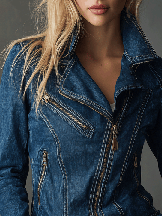 Vintage Utility Chic Asymmetric Zip Denim Moto Jacket