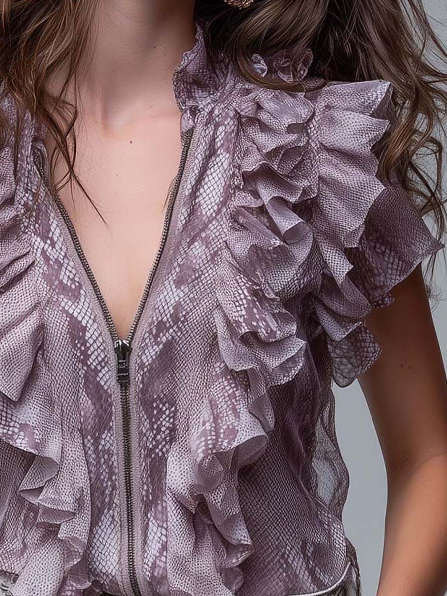 Dusty Rose Snake-Print Chiffon Ruffle Zip Blouse
