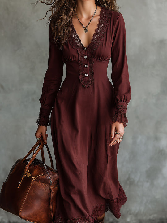 Bohemian Cotton Blend Lace Patchwork Waist Midi Dress