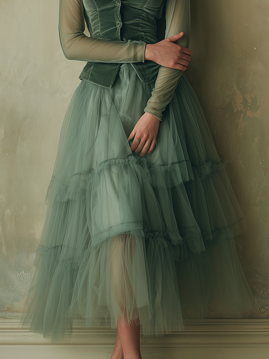 Elegant Retro Style Sheer Layered Velvet Dress Set