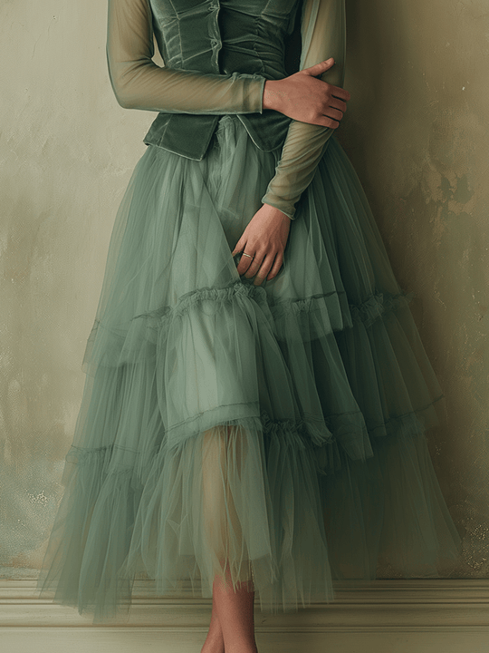 Elegant Retro Style Sheer Layered Velvet Dress Set