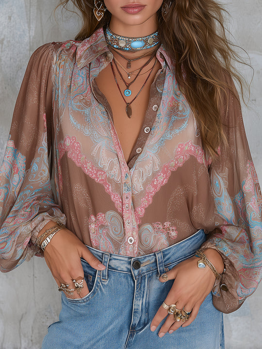 Vintage Chiffon Printed Blouse With Puff Sleeves