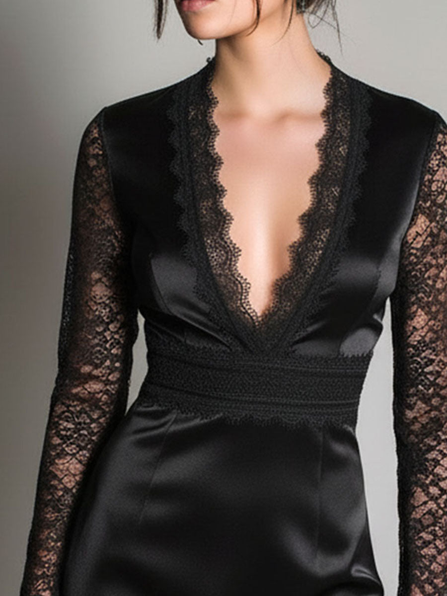 Black Satin & Lace Mini Dress – Deep V Neckline With Sheer Long Sleeves