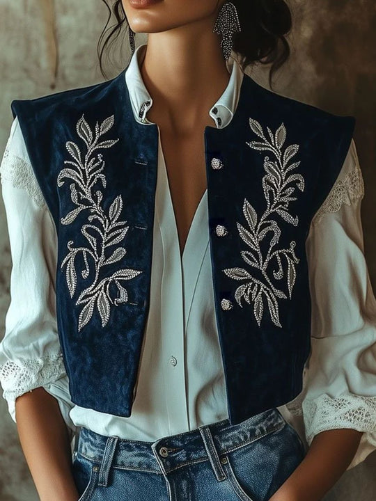 Retro Crew Neck Silver Leaves Embroidery Suede Vest