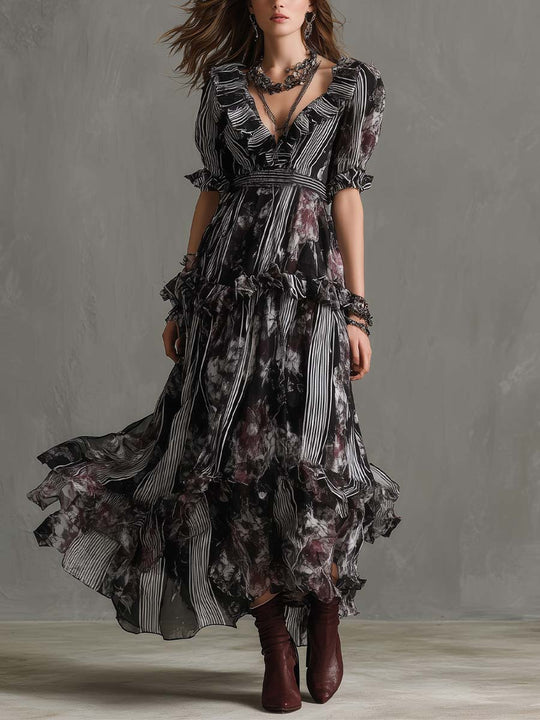 Dark Floral Pinstripe Ruffle Maxi Dress