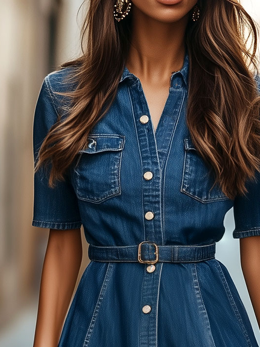 Classic Lapel Single-breasted Short Sleeves Denim Dress