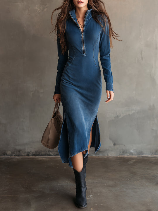 Bohemian Washed Denim Hem Slit Slim Fit Midi Dress