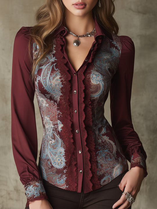 Retro Paisley Pattern Satin Lace Stitching Slim Fit Blouse