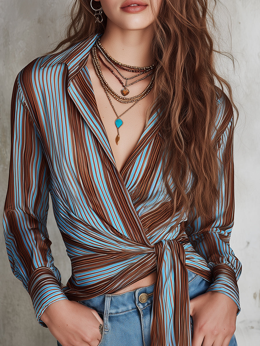 Bohemian Color-block Striped Blouse With Single Side Tie