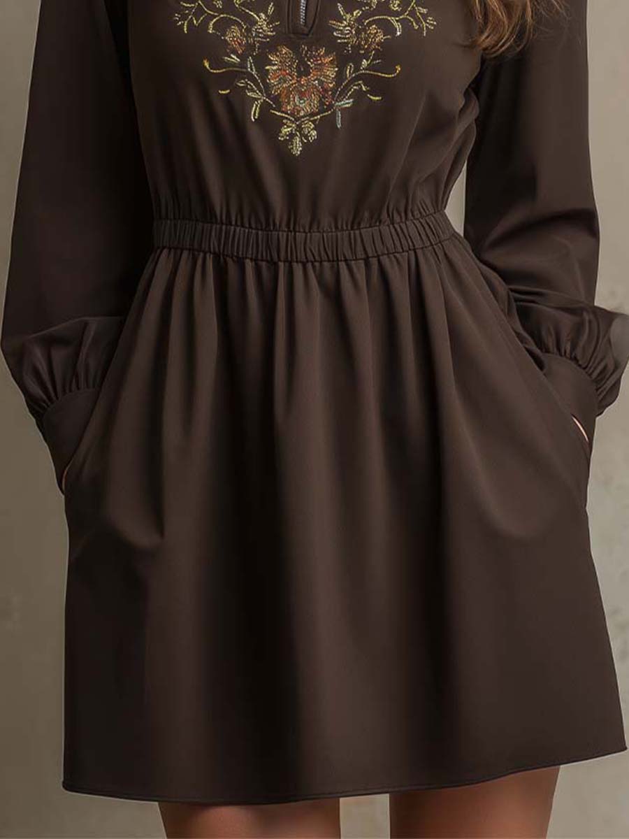 Embroidered Zip-Neck Long Sleeve Mini Dress