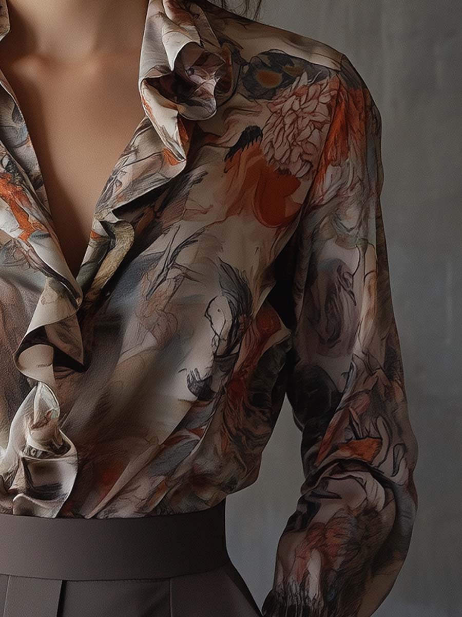 Elegant Floral Ruffle Blouse in Silk Finish