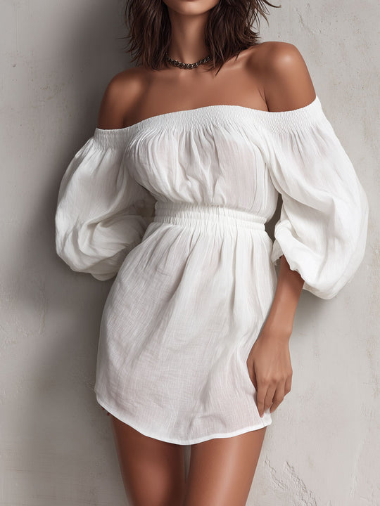Boho White Off-Shoulder Mini Dress With Smocked Waist