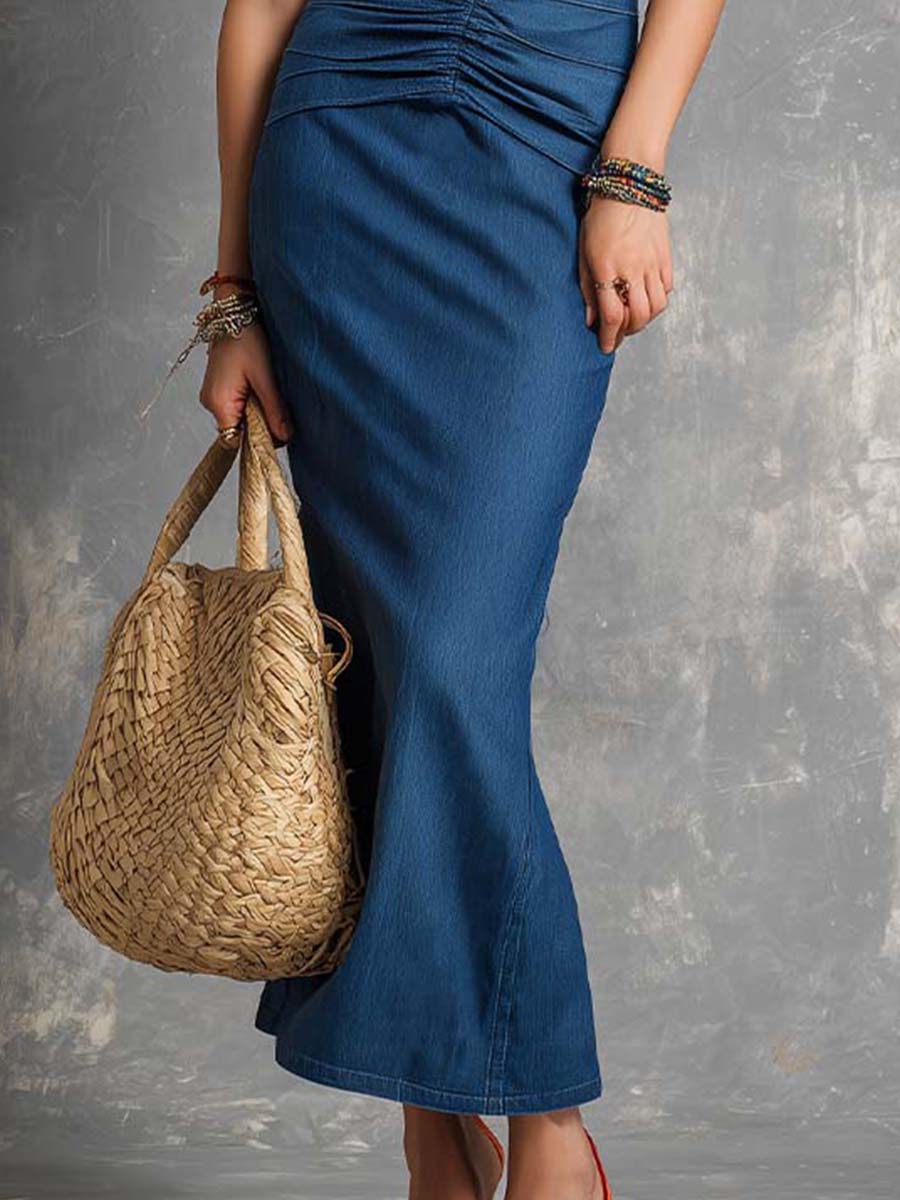 Boho-Vintage Elegant Faux-Denim Ruched Maxi Dress