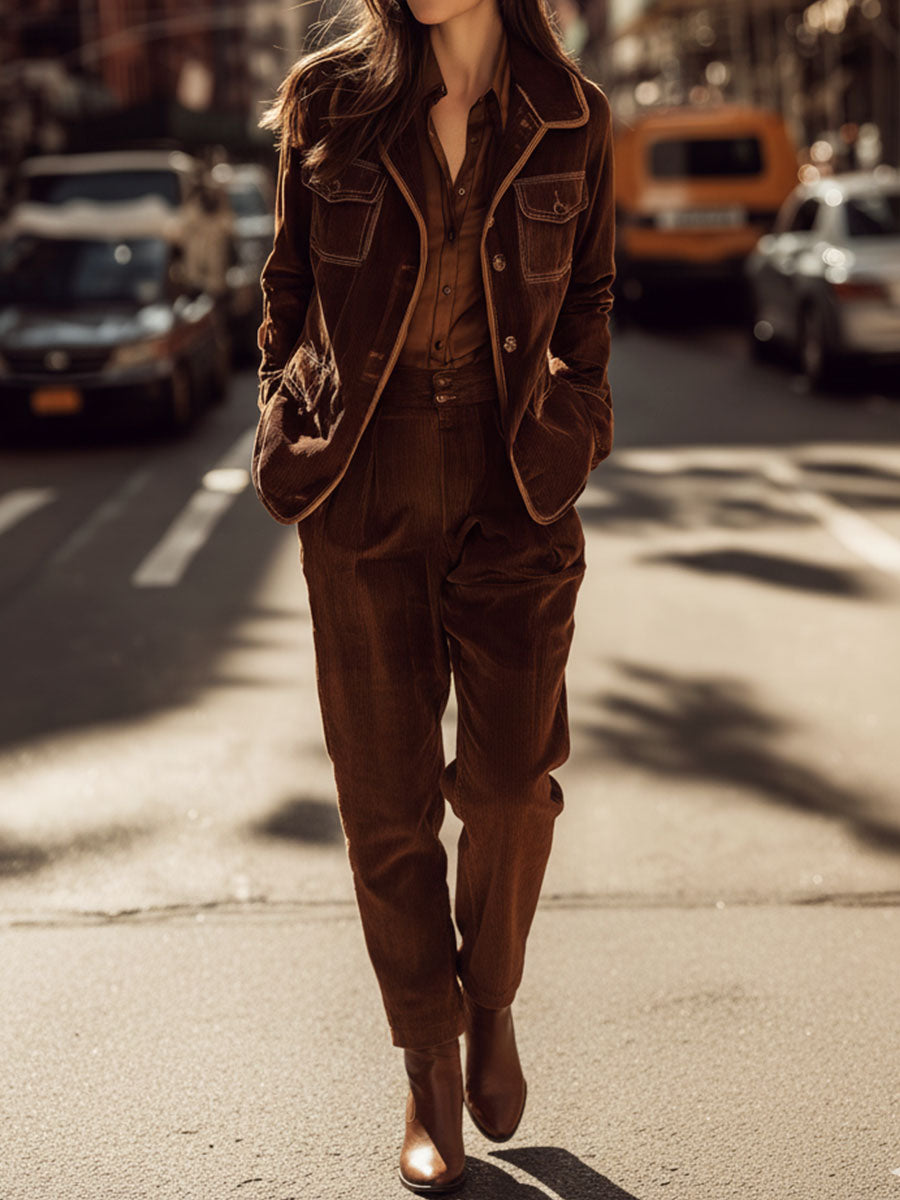 Vintage Brown Button-Up Corduroy Suit Jacket With Flap Pockets