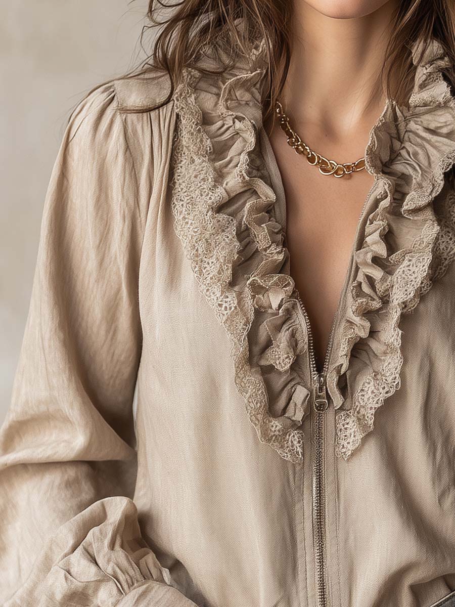 Vintage Ruffled Lace Trim Zip Blouse