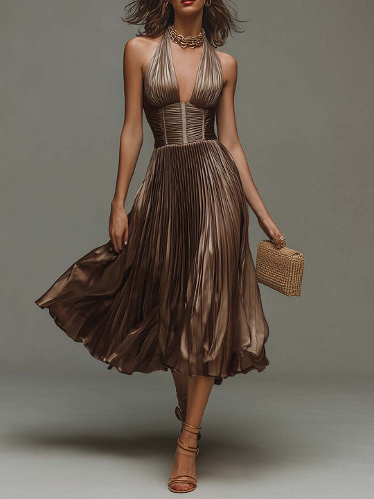 Elegant Pleated Halter Midi Dress