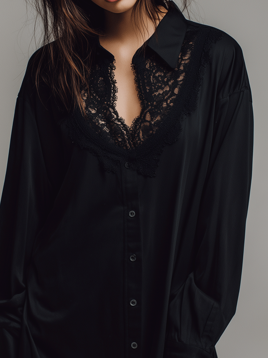 Versatile Casual Black Lace-Trimmed Loose-Fitting Shirt Mini Dress