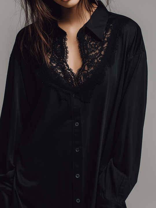 Versatile Casual Black Lace-Trimmed Loose-Fitting Shirt Mini Dress