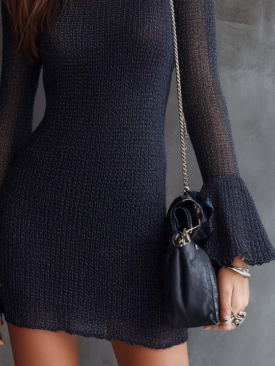 Retro Round-neck Flared Cuffs Knitted Mini Dress