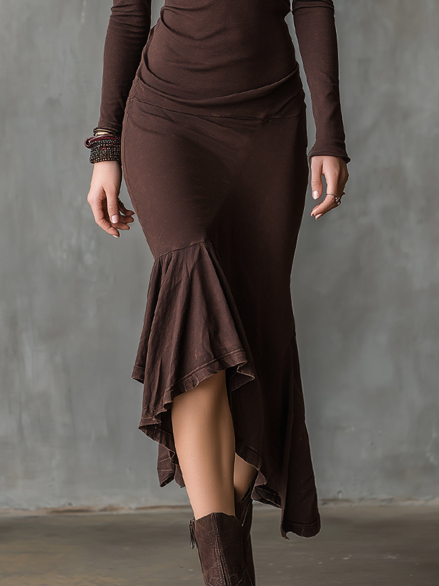 Bohemian Half-zip Washed Ruffled High-low Hem Denim Midi Dress