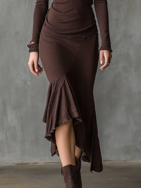 Bohemian Half-zip Washed Ruffled High-low Hem Denim Midi Dress