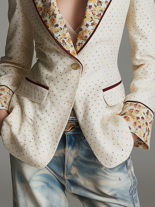 Retro Polka Dot Floral Print Lapel Slim-fit Blazer