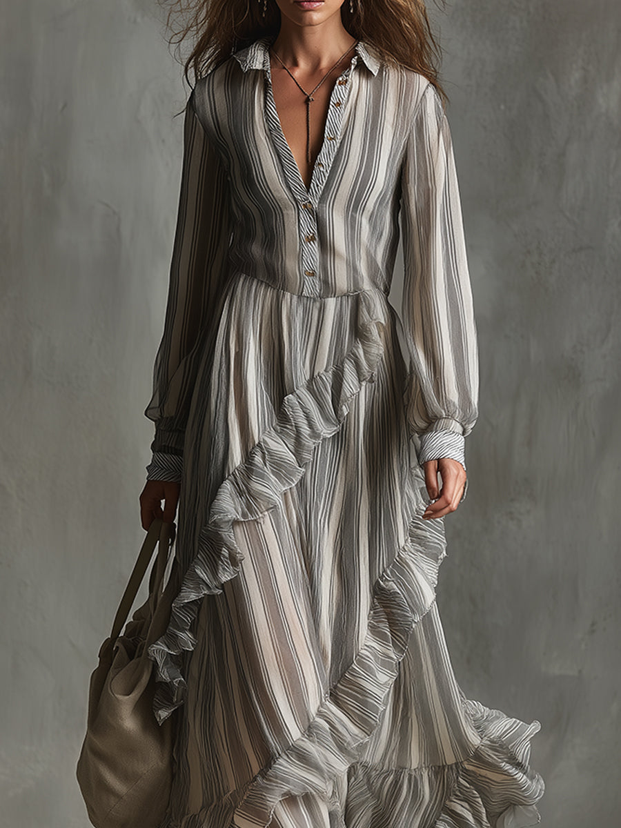 Bohemian Striped Ruffle Hem Shirt Collar Maxi Dress