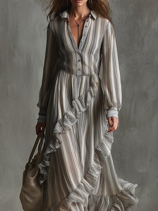Bohemian Striped Ruffle Hem Shirt Collar Maxi Dress