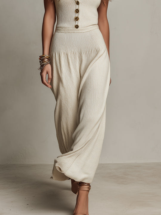 Vintage Knitted Button-down Sleeveless Wide-leg Jumpsuit